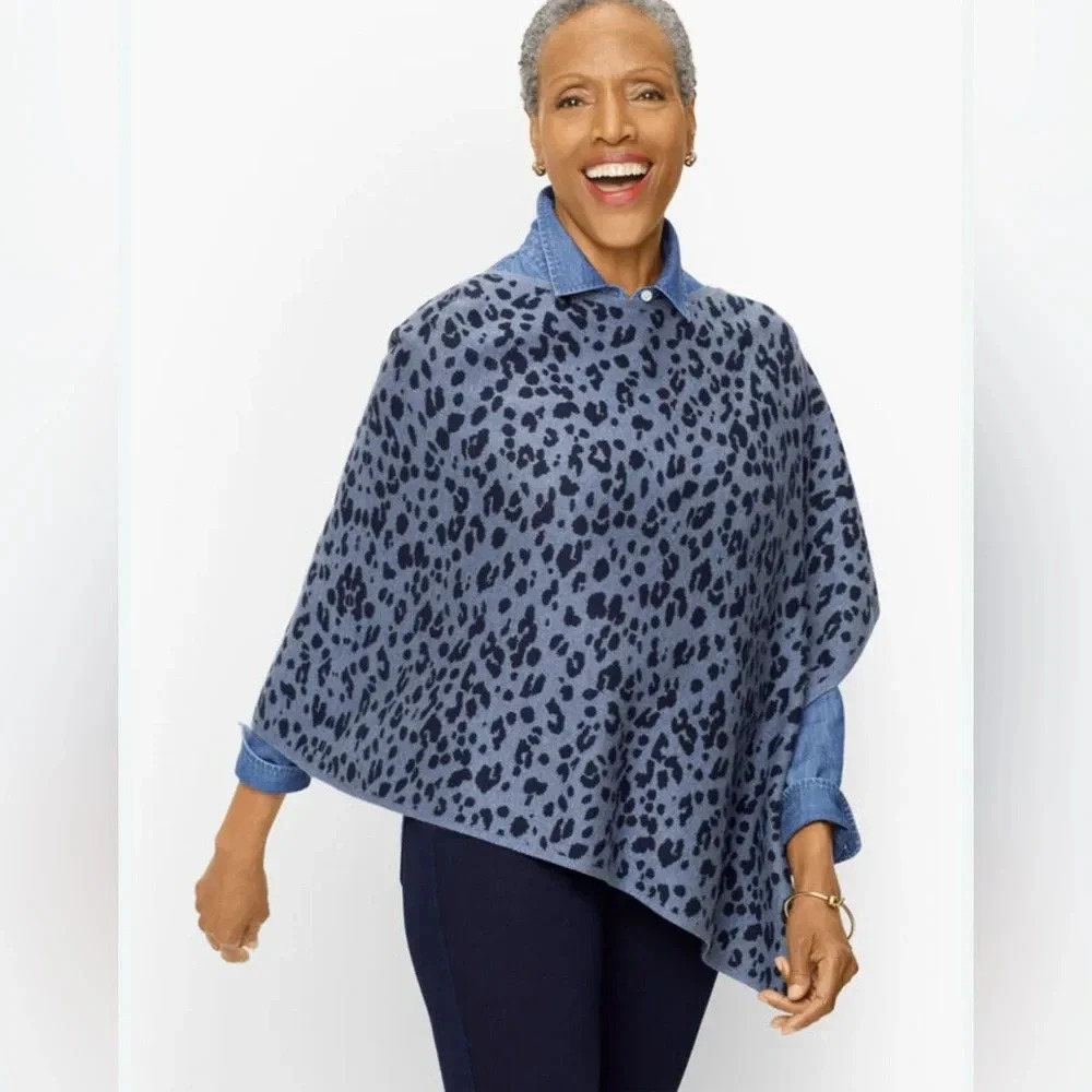 Talbots Women’s Navy Black Leopard Asymmetrical Poncho Lightweight Size XS/S NWT